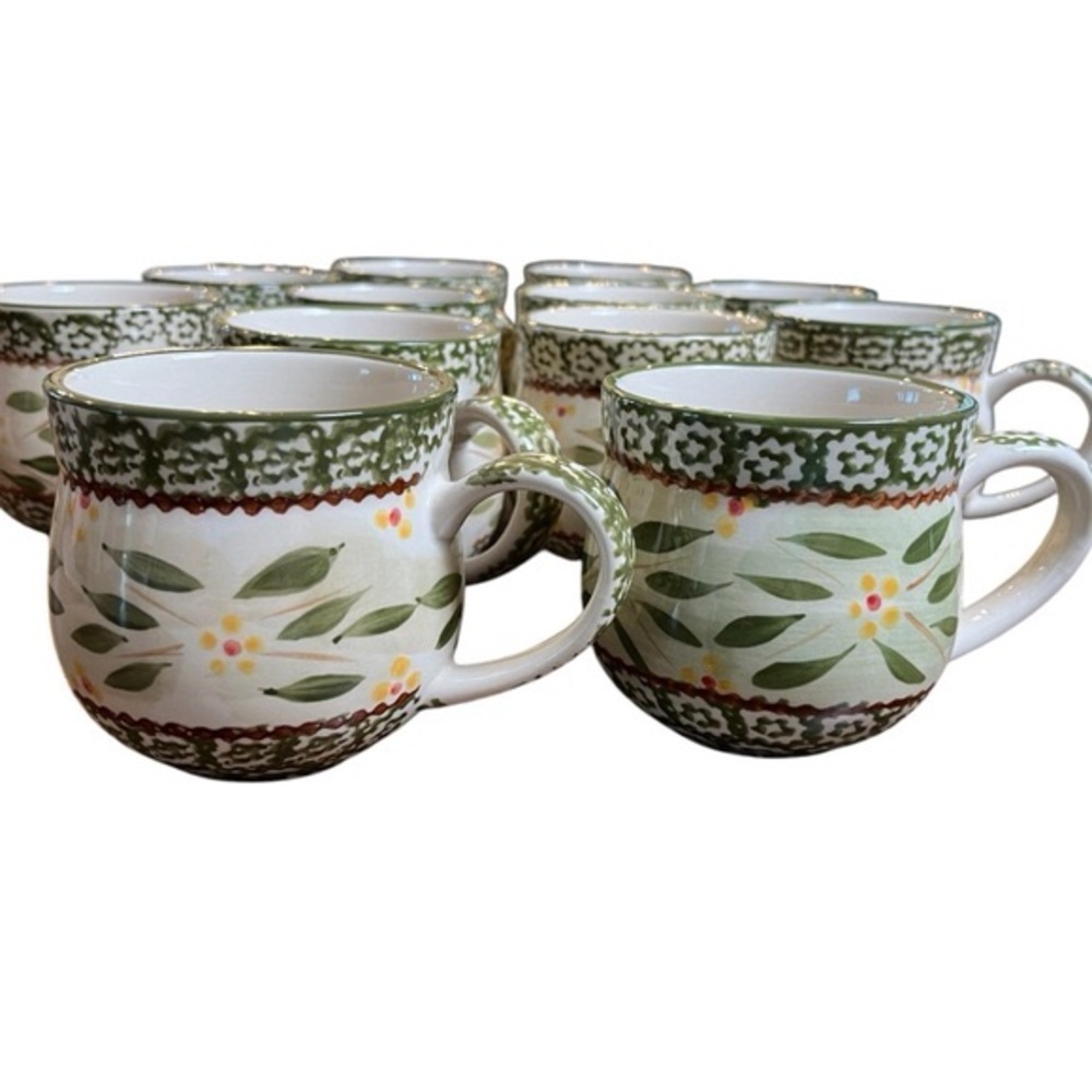 Two Temptations Old World Vintage Mugs 12 oz. Green Coffee Tea Cup Ceram…